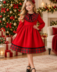 Rochie casual din stofă roșie și stofă în carouri pentru fete - Carina