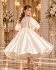 Rochie elegantă ivoire din tafta cu bust brodat cu perle și mâneci bufante pentru fete - Celeste