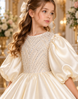 Rochie elegantă ivoire din tafta cu bust brodat cu perle și mâneci bufante pentru fete - Celeste