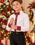 Costum elegant cu cămașă albă cu detalii în carouri roșii, papion și pantalon negru pentru băieți - Tobias