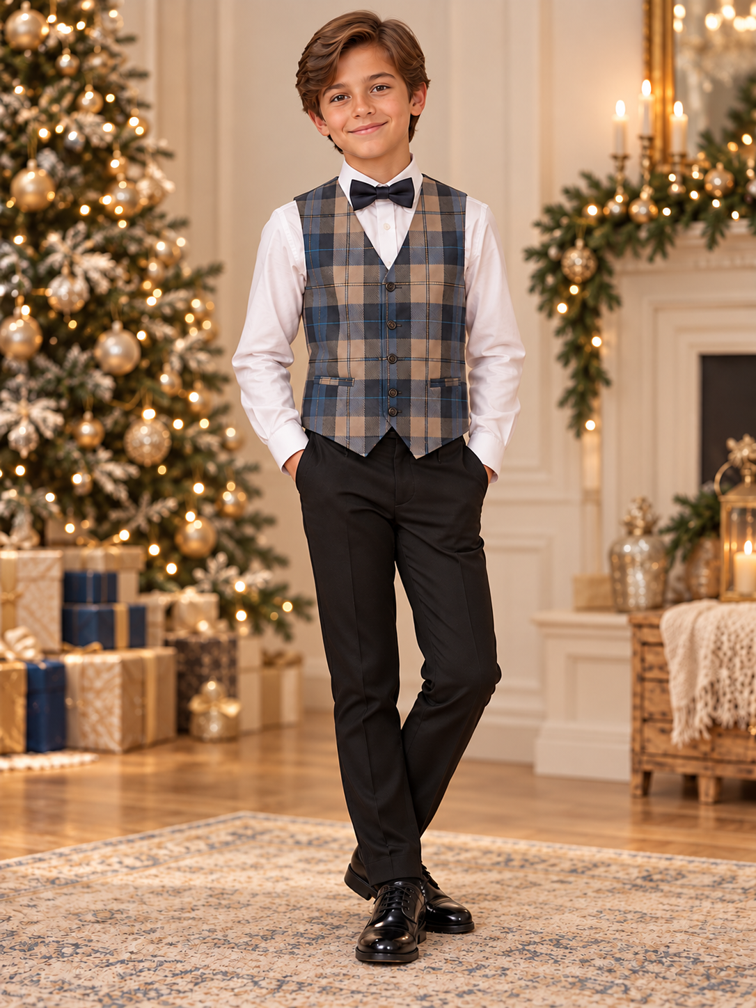Costum elegant 4 piese cu vestă în carouri bleumarin-camel, pantalon negru, cămașă albă și papion pentru băieți - Leo