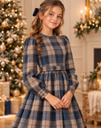 Rochie elegantă în carouri bleumarin-camel cu mâneci bufante și cordon cu fundiță pentru fete - Diana