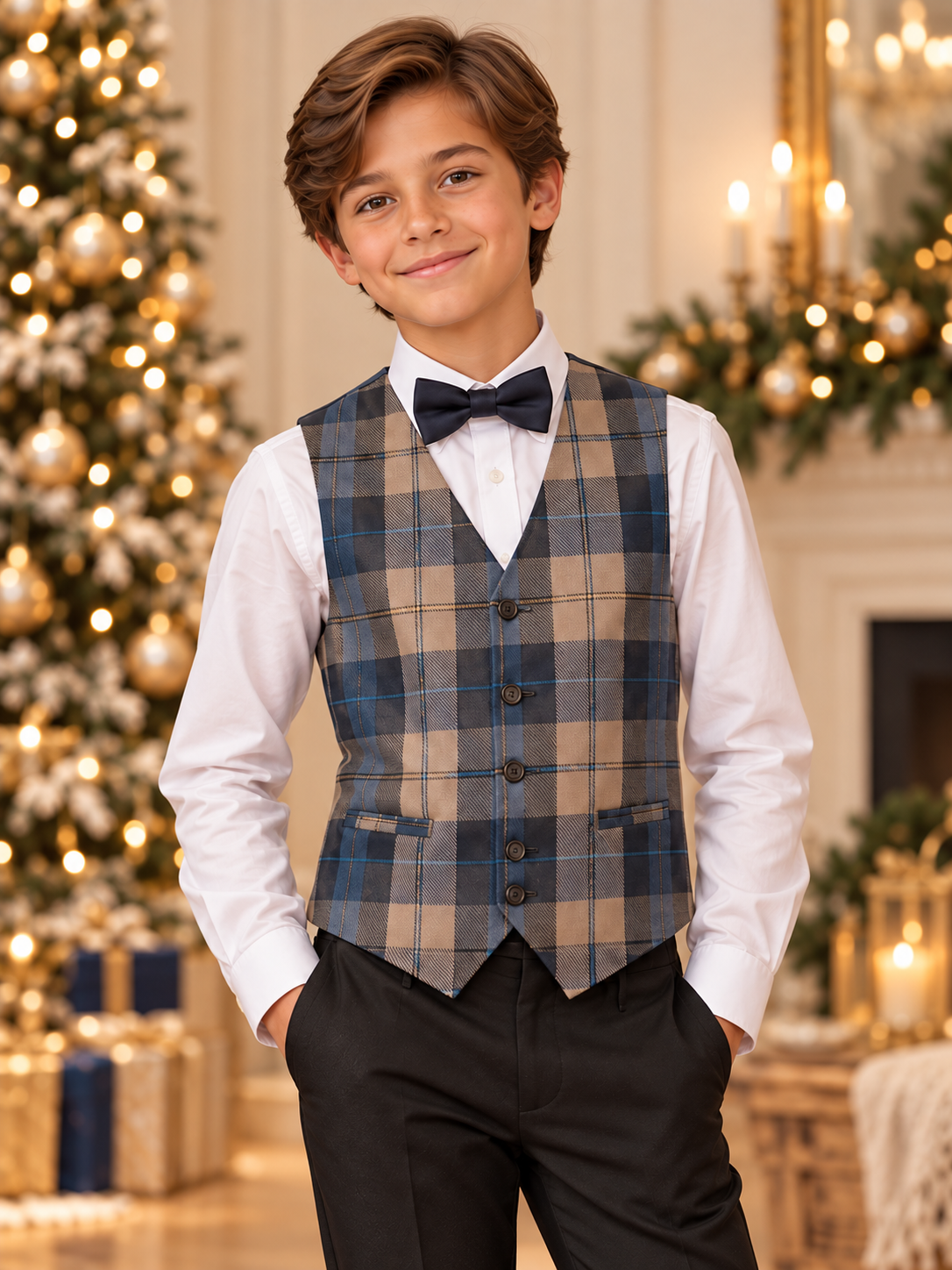 Costum elegant 4 piese cu vestă în carouri bleumarin-camel, pantalon negru, cămașă albă și papion pentru băieți - Leo