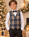Costum elegant 4 piese cu vestă în carouri bleumarin-camel, pantalon negru, cămașă albă și papion pentru băieți - Leo