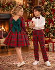 Costum elegant cu pantalon în carouri roșii, cămașă albă și papion asortat pentru băieți - Felix