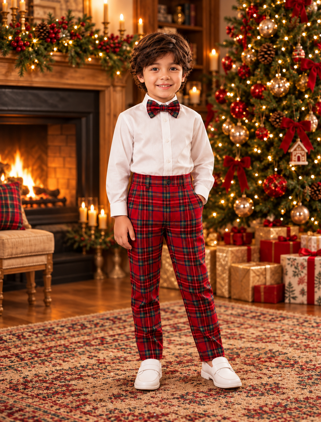 Costum elegant cu pantalon în carouri roșii, cămașă albă și papion asortat pentru băieți - Felix