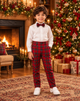 Costum elegant cu pantalon în carouri roșii, cămașă albă și papion asortat pentru băieți - Felix