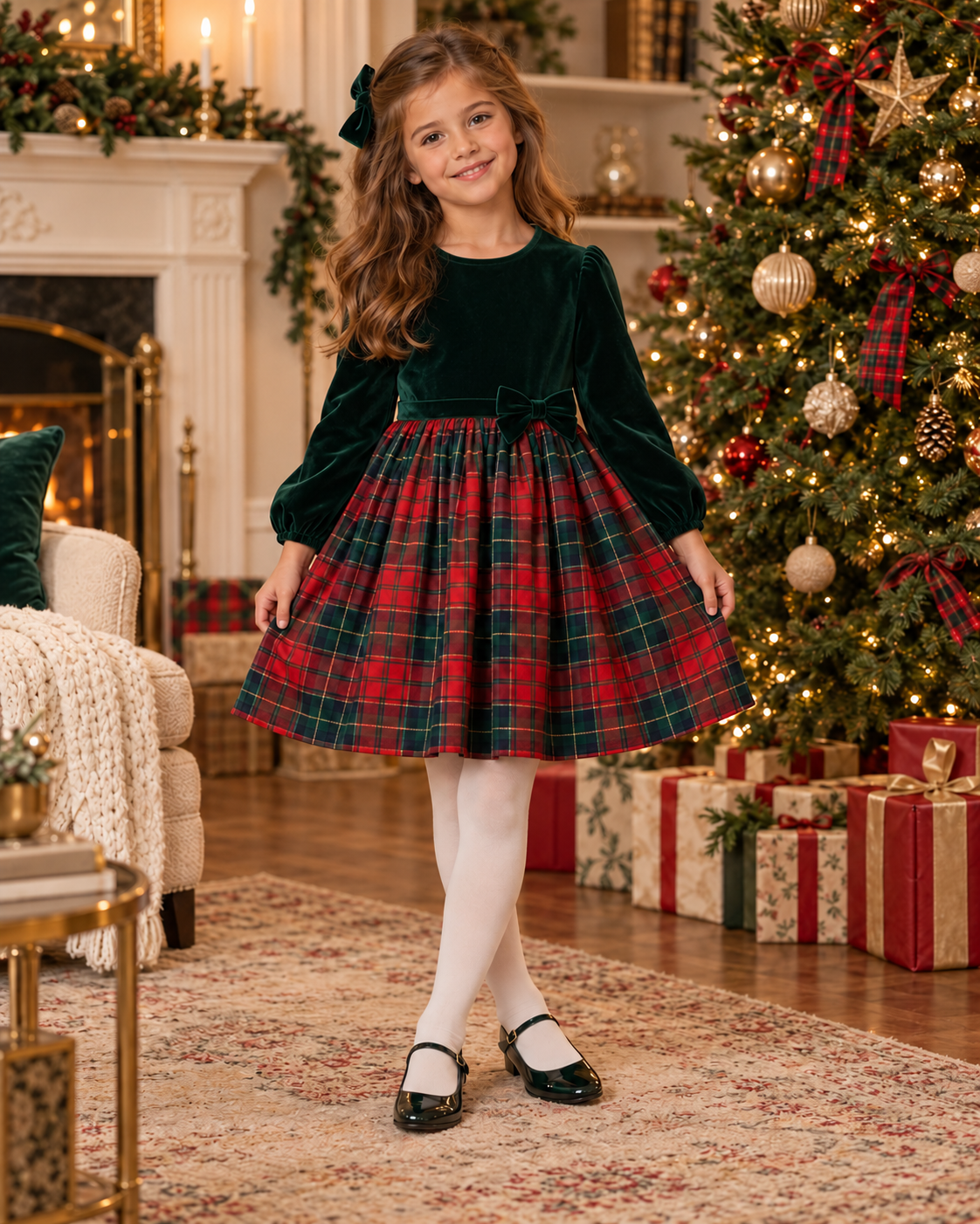 Rochie de Crăciun cu bust din catifea verde, mâneci bufante și fustă în carouri tartan pentru fete - Ivy