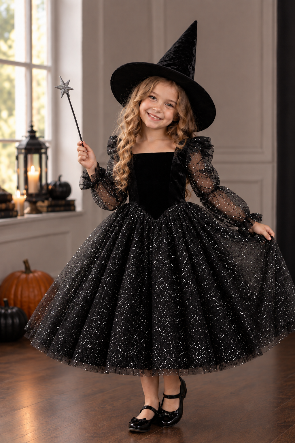 Rochie Halloween tul negru glitter + palarie pentru fete - Stella