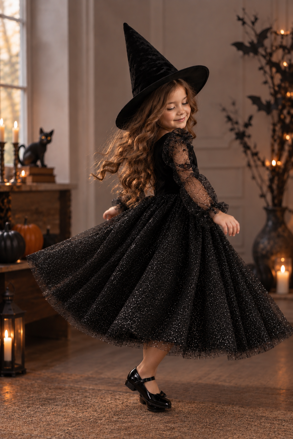 Rochie Halloween tul negru glitter + palarie pentru fete - Stella