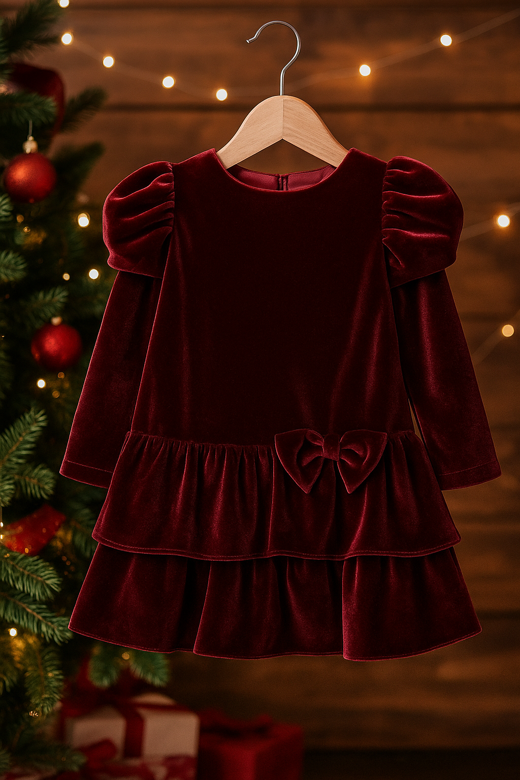 Rochie burgundy din catifea pentru fete -  Leticia