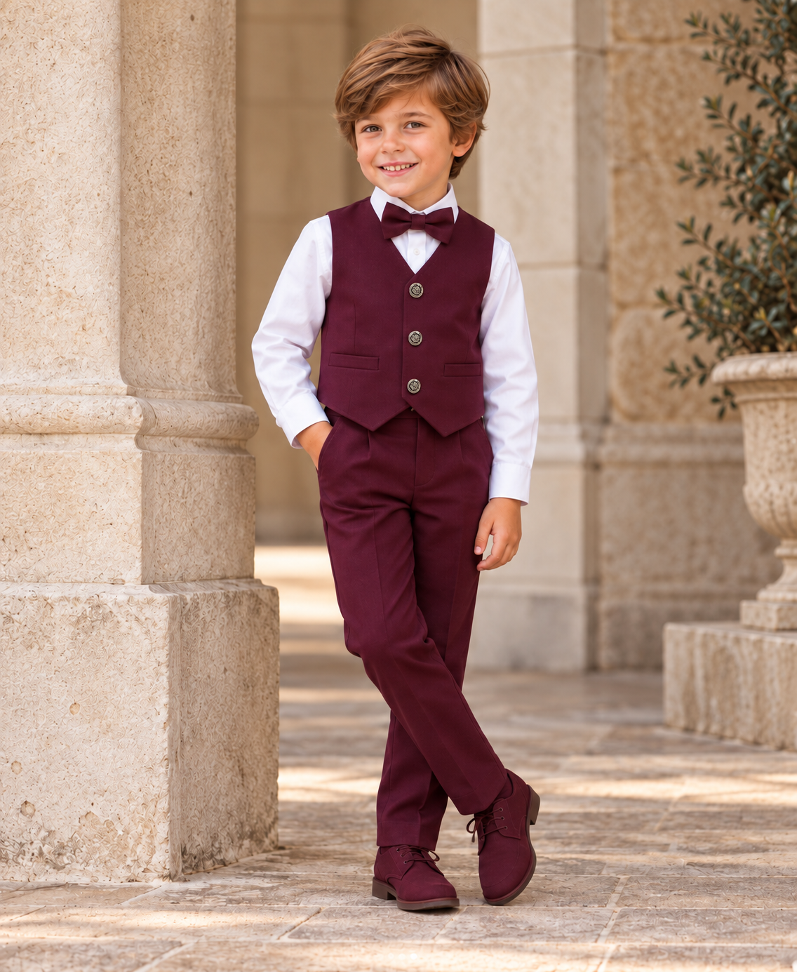 Costum elegant burgundy 4 piese cu vestă, pantalon, cămașă albă și papion pentru băieți - Theodor