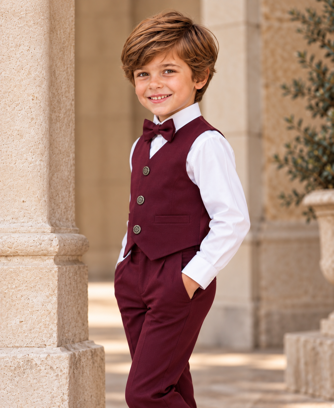 Costum elegant burgundy 4 piese cu vestă, pantalon, cămașă albă și papion pentru băieți - Theodor