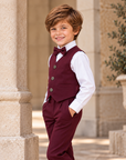 Costum elegant burgundy 4 piese cu vestă, pantalon, cămașă albă și papion pentru băieți - Theodor