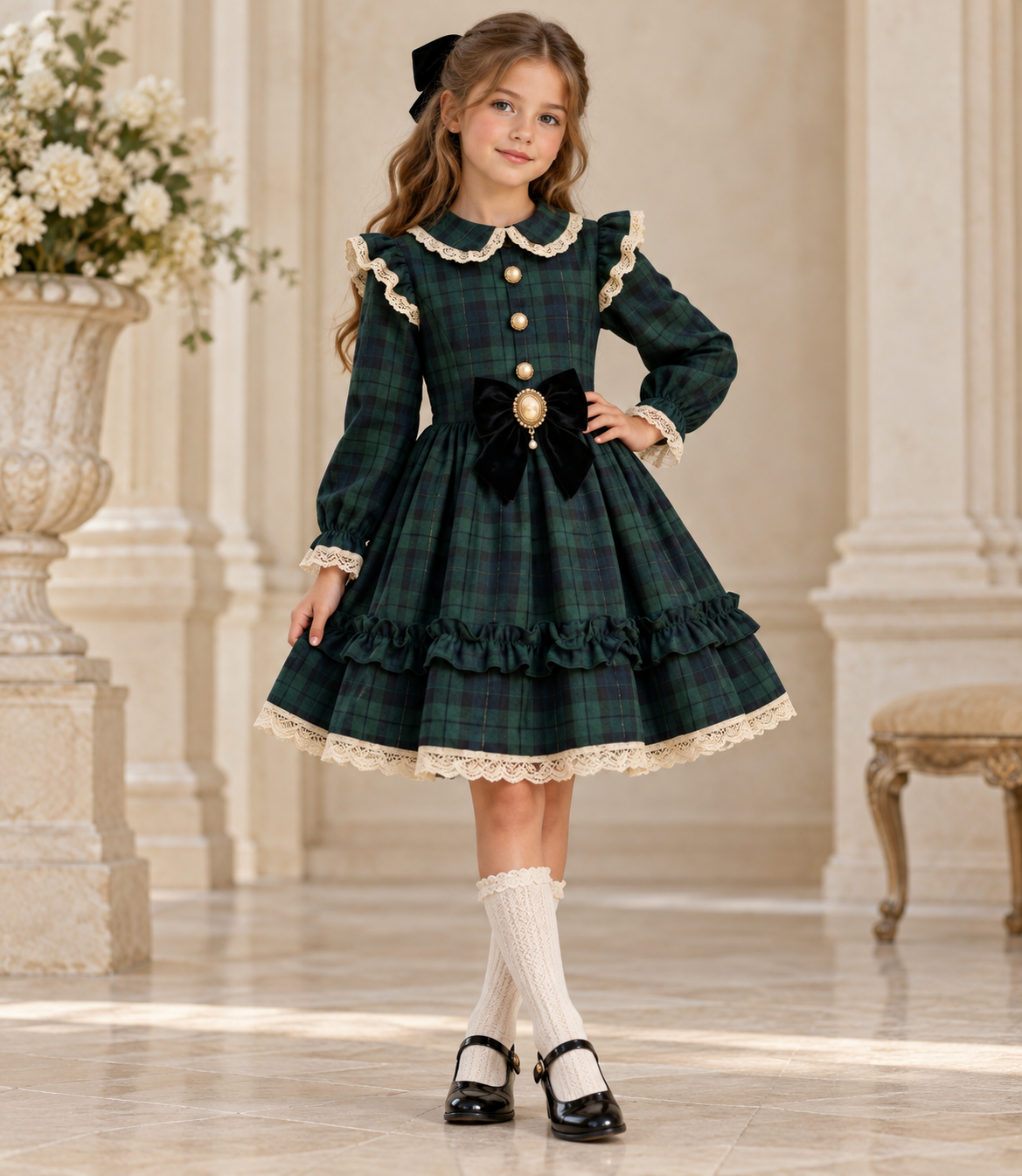 Rochie vintage în carouri verde-bleumarin cu guler din dantelă crem, fundă din catifea și camee pentru fete - Rita