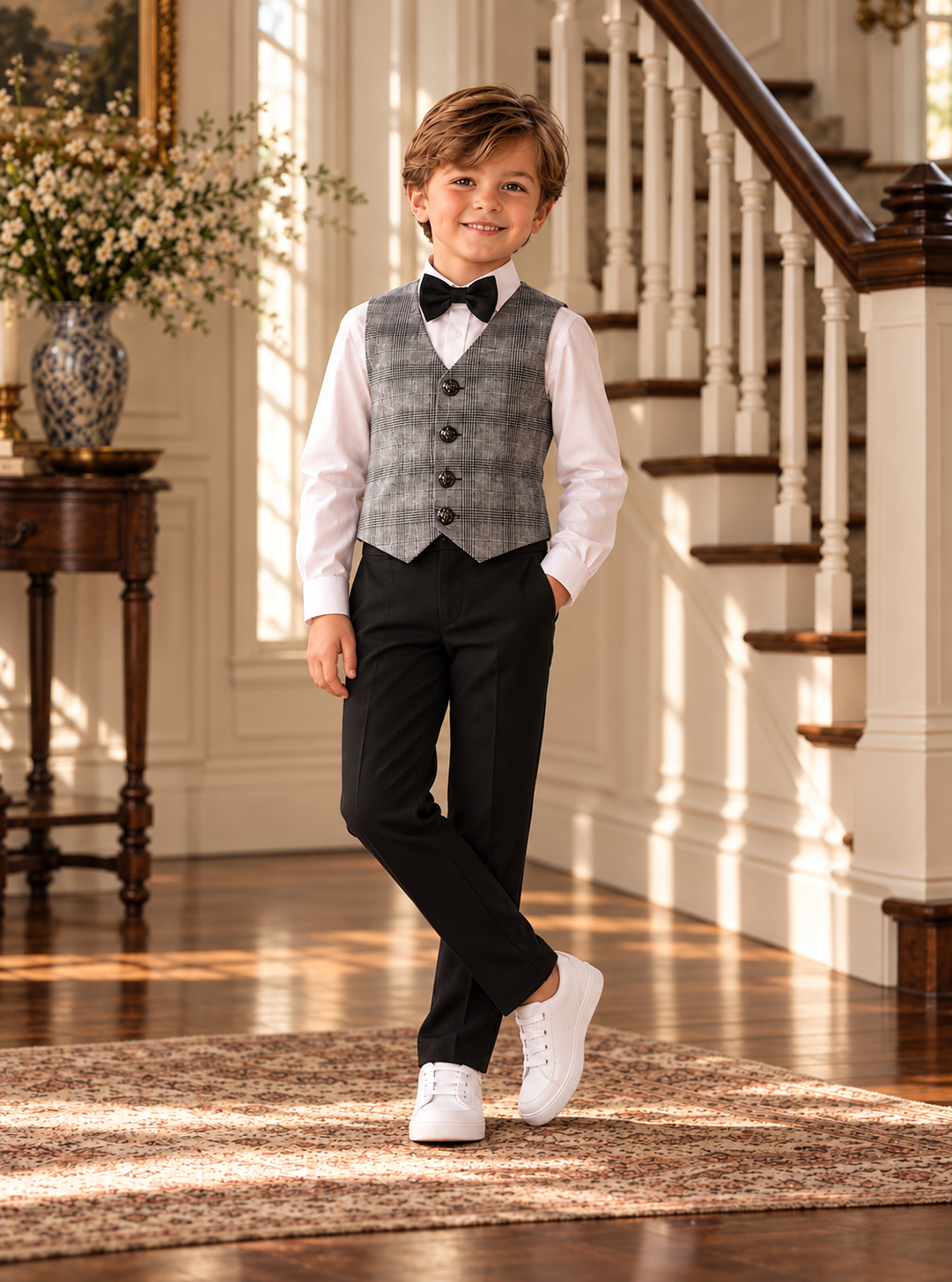 Costum elegant 4 piese cu vestă în carouri gri, pantalon negru, cămașă albă și papion pentru băieți - Karim