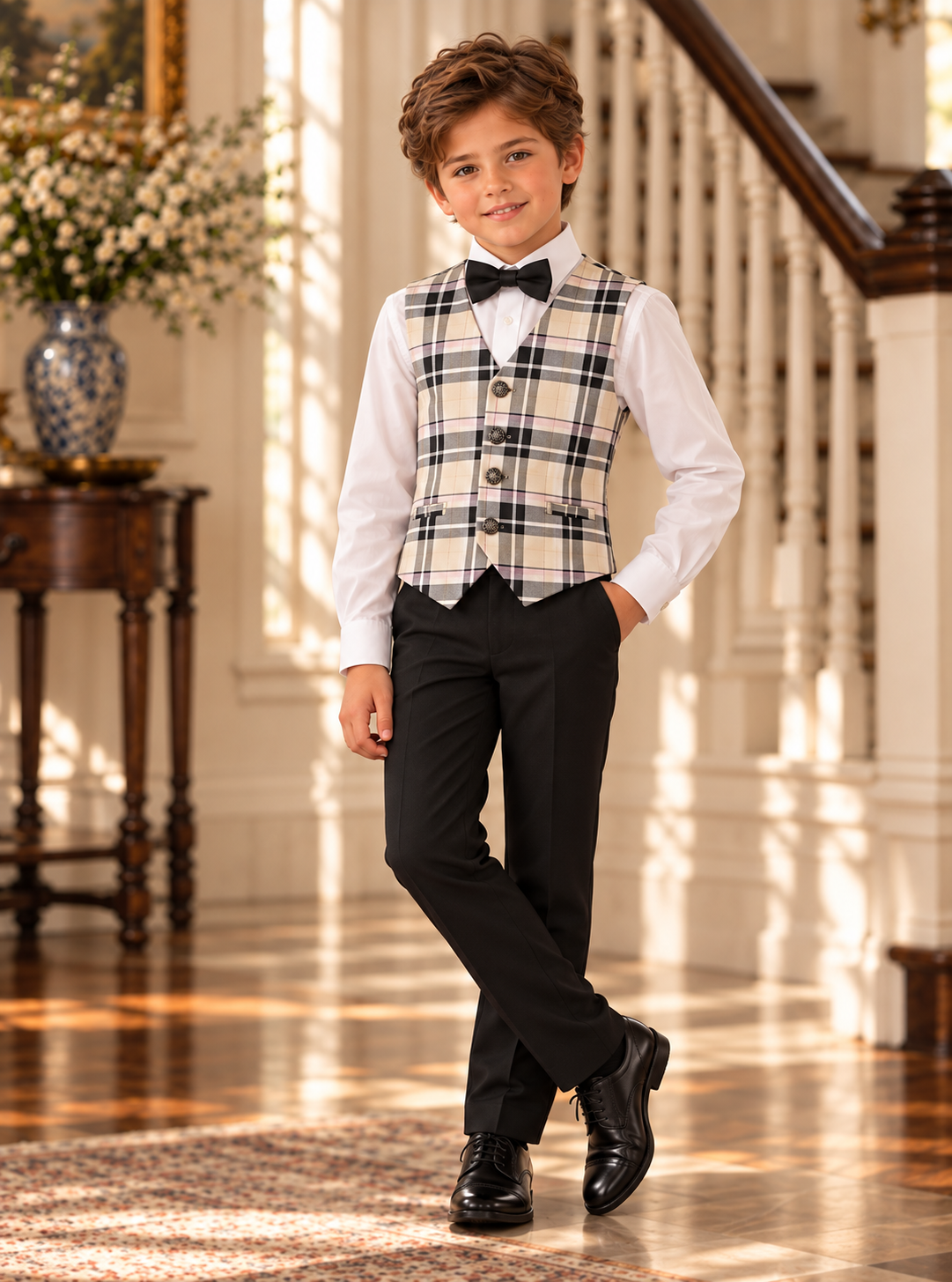 Costum elegant 4 piese cu vestă în carouri bej, pantalon negru, cămașă albă și papion pentru băieți - Hugo