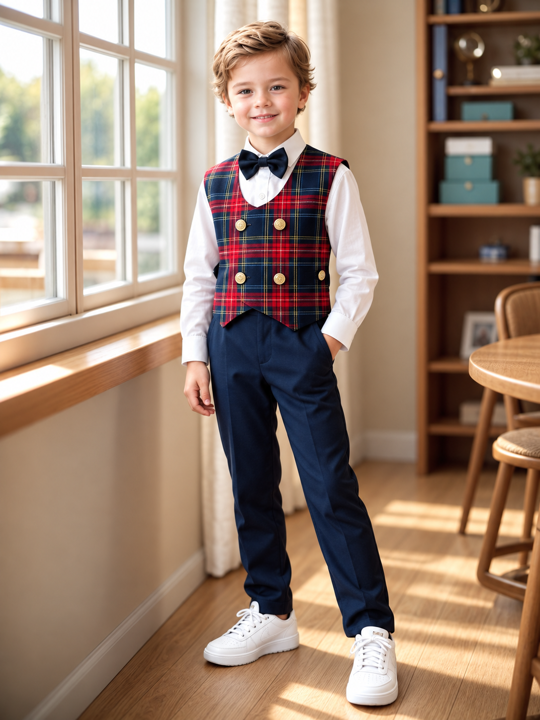 Costum elegant 4 piese cu vestă în carouri roșu-bleumarin, pantalon bleumarin, cămașă albă și papion pentru băieți - Theo