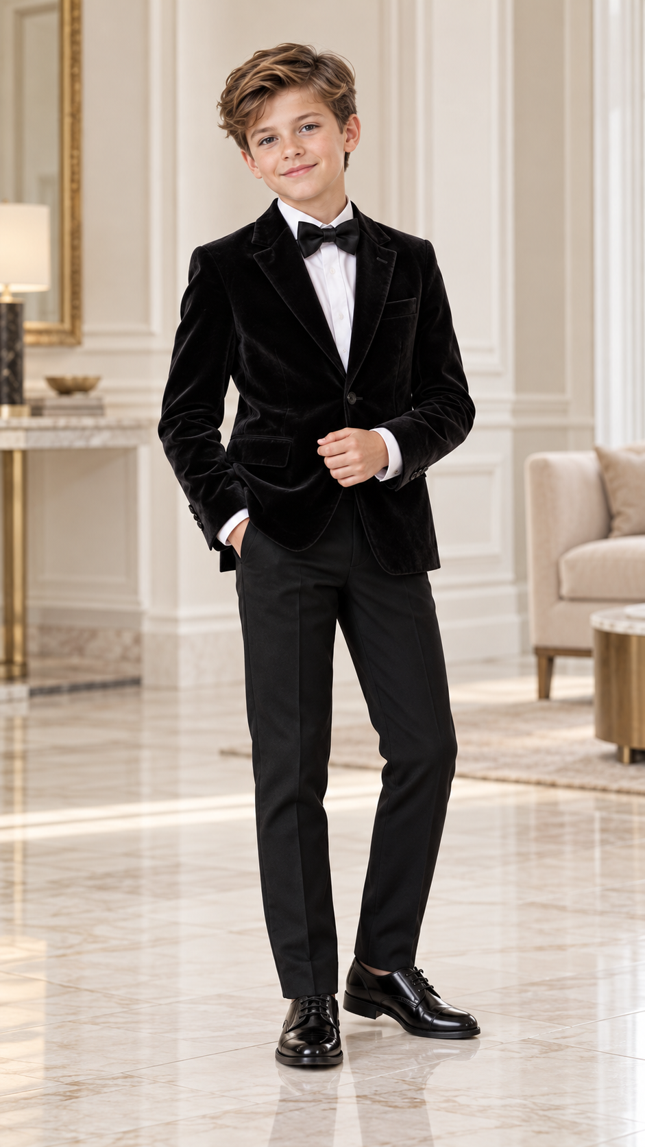 Costum elegant pentru băieți cu sacou din catifea verde, pantalon negru, cămașă albă și papion - Edward