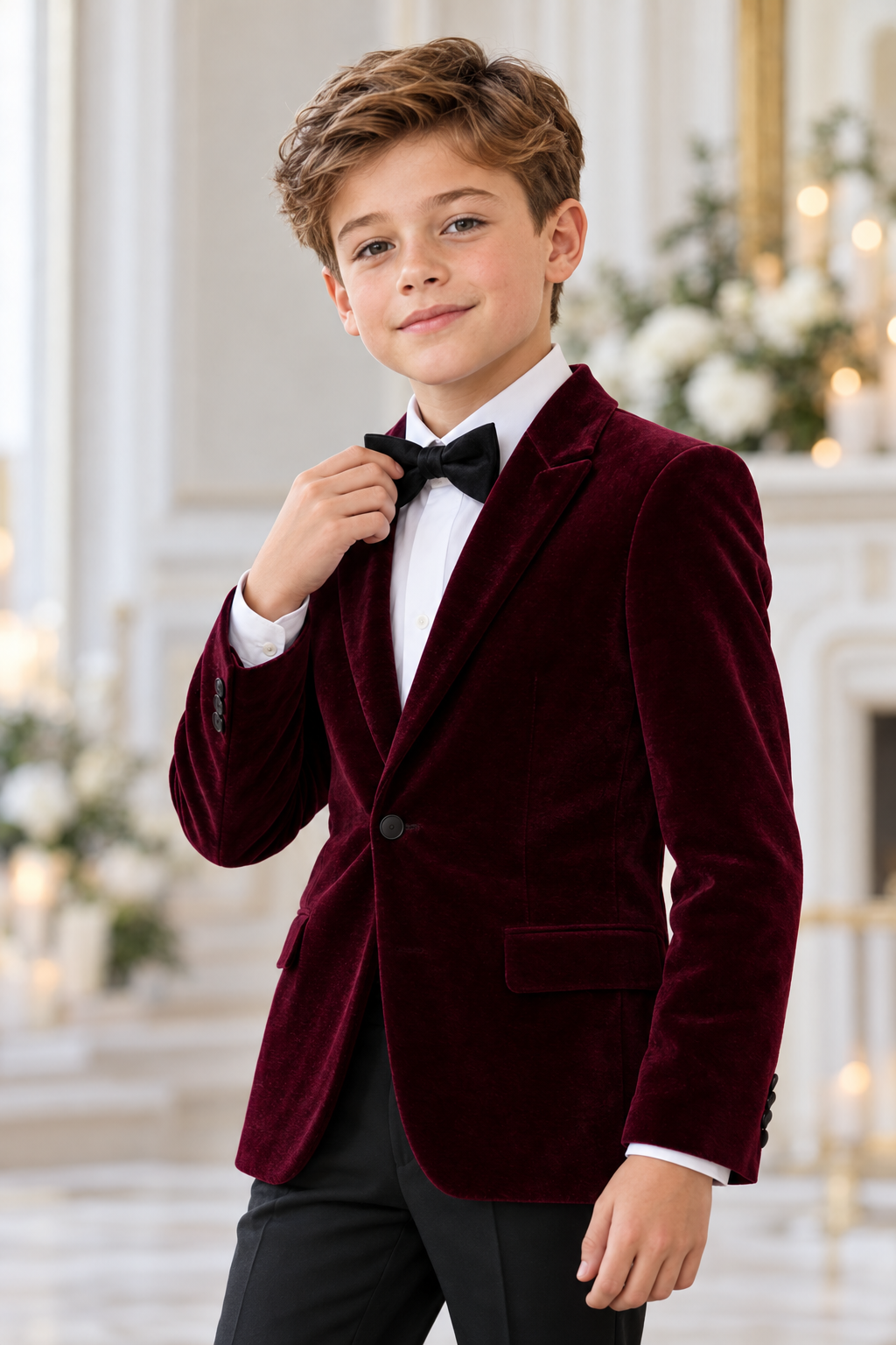 Costum elegant pentru băieți cu sacou din catifea verde, pantalon negru, cămașă albă și papion - Edward