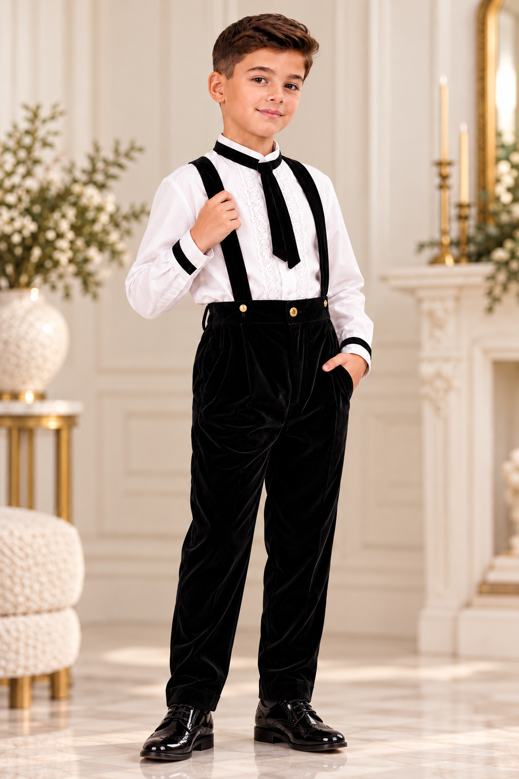 Costum elegant cu pantalon din catifea verde și cămașă cu dantelă brodată pentru băieți - Peter