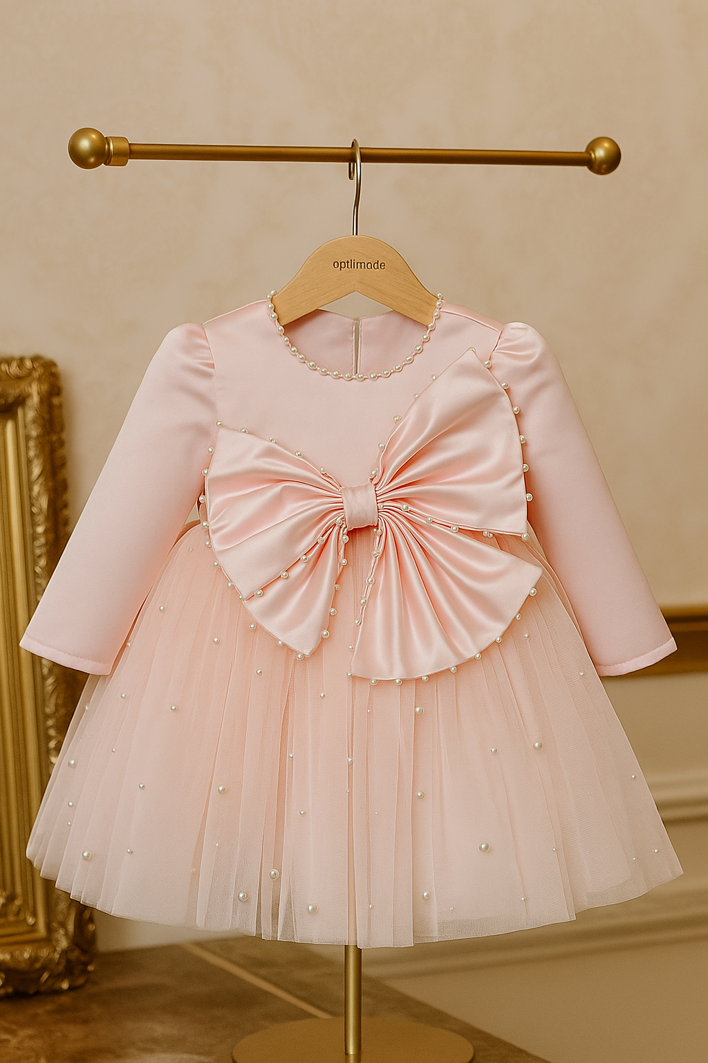 Rochie crem eleganta pentru fete, cu fundite si perle - Kendra