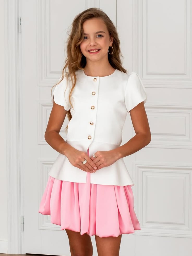 Compleu elegant din tafta cu fusta roz si sacou alb - Ines