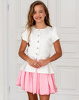 Compleu elegant din tafta cu fusta roz si sacou alb - Ines
