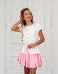 Compleu elegant din tafta cu fusta roz si sacou alb - Ines