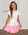 Compleu elegant din tafta cu fusta roz si sacou alb - Ines