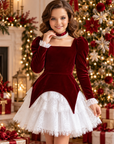 Rochie roșie din catifea cu dantelă Chantilly albă pentru fetițe - Elia