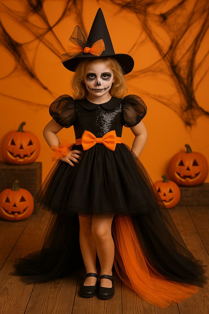 Rochie Halloween de vrăjitoare cu trena din tul negru si mov + pălărie pentru fete – Ember