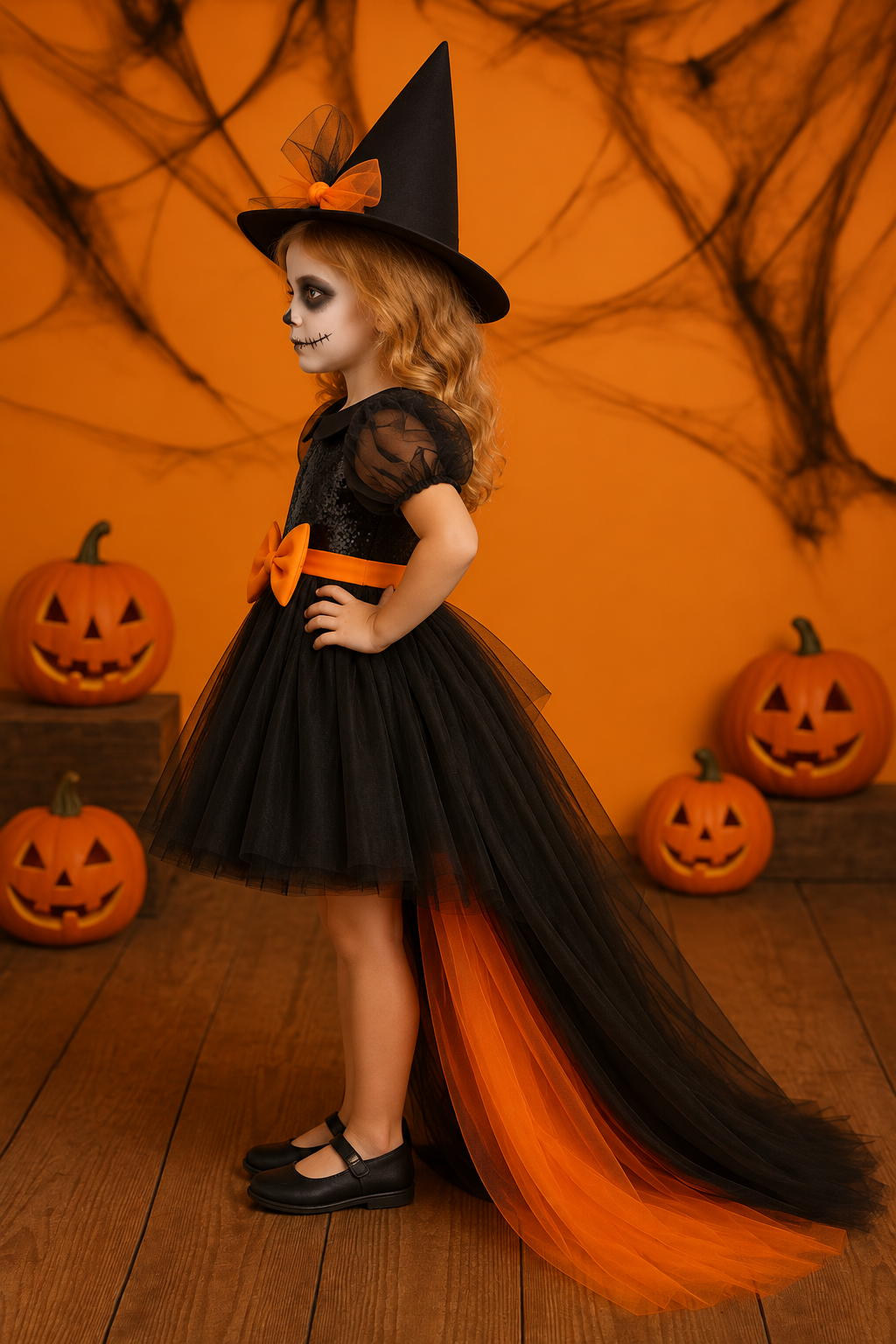 Rochie Halloween de vrăjitoare cu trena din tul negru si mov + pălărie pentru fete – Ember