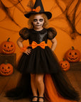 Rochie Halloween de vrăjitoare cu trena din tul negru si mov + pălărie pentru fete – Ember