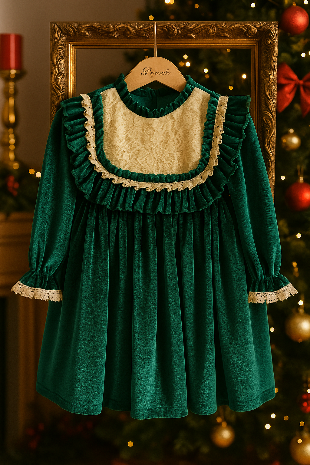 Rochie verde vintage din catifea pentru fete - Ayanna