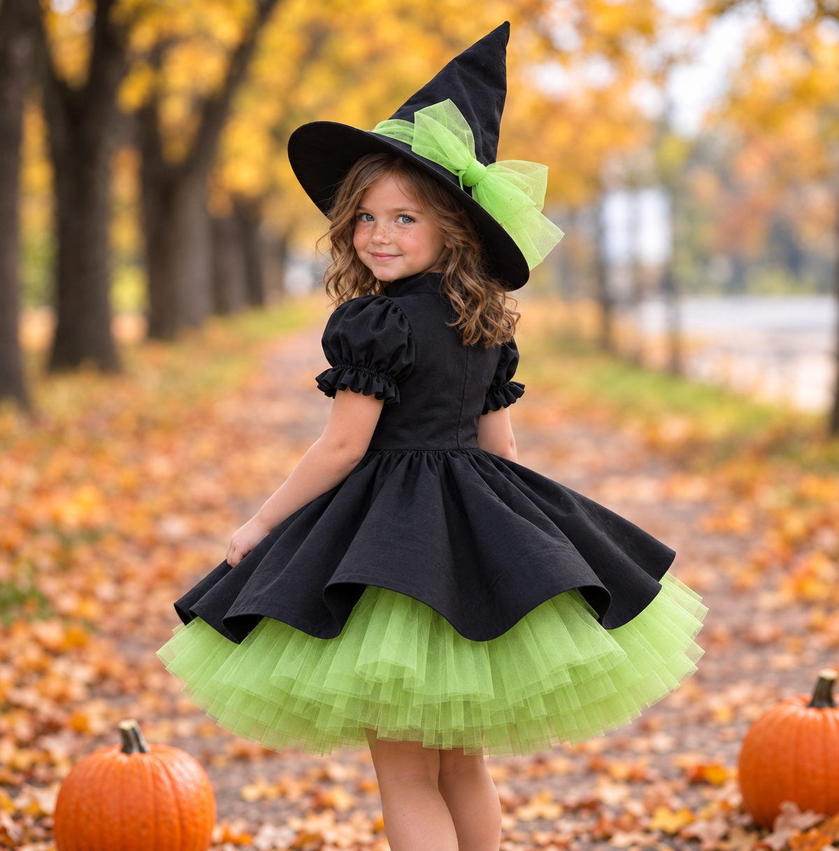 Rochie Halloween neagra cu tul verde + pălărie pentru fete – Freya