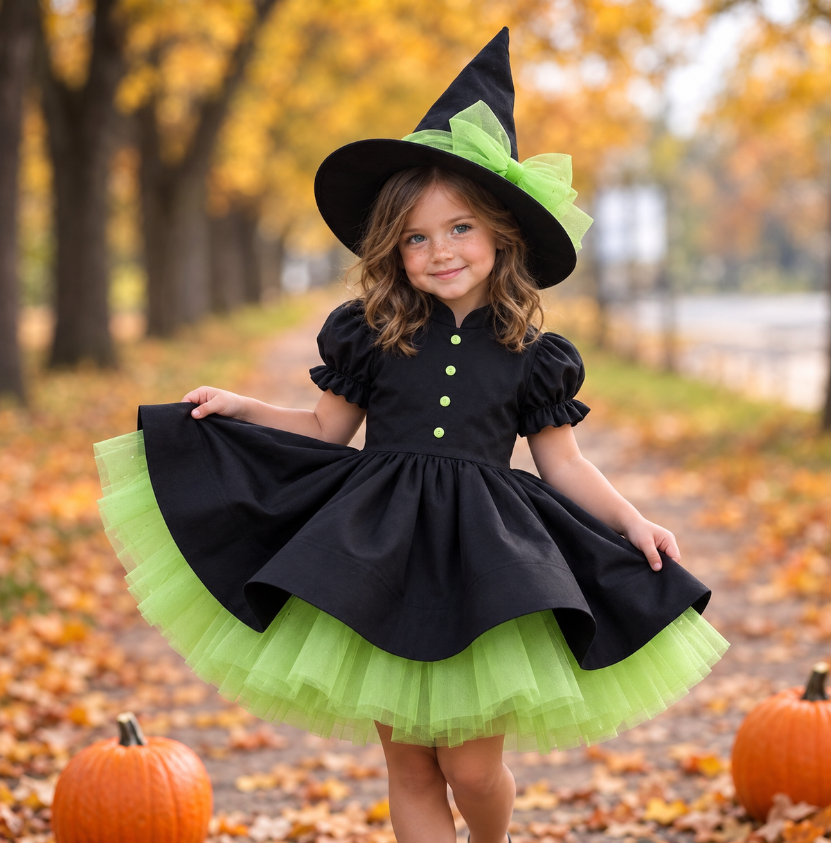 Rochie Halloween neagra cu tul verde + pălărie pentru fete – Freya