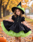 Rochie Halloween neagra cu tul verde + pălărie pentru fete – Freya