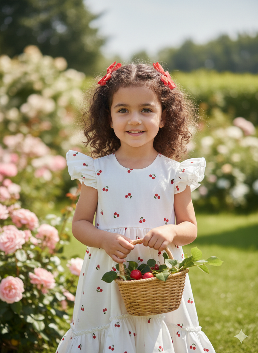 Rochie alba din bumbac cu cirese pentru fete - Chery