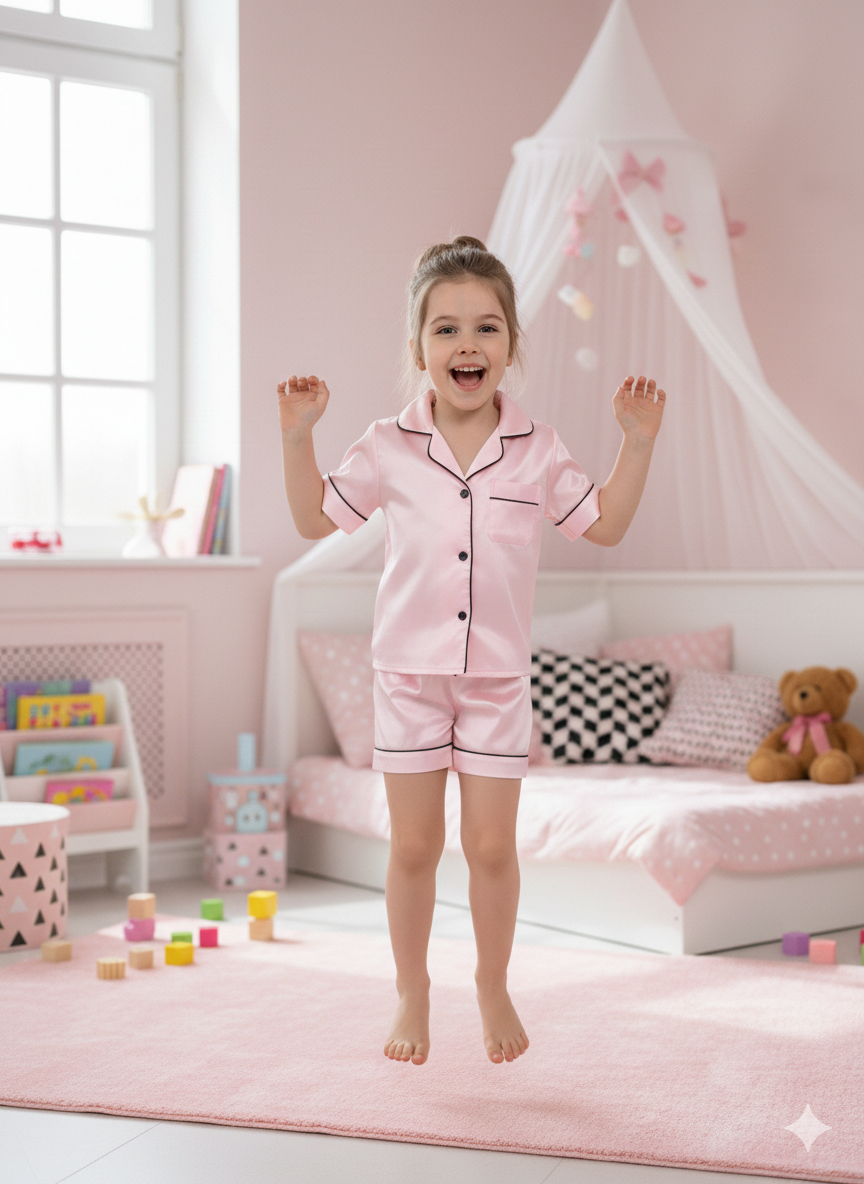 Pijama roz de vara model clasic din satin, pentru fete