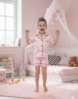 Pijama roz de vara model clasic din satin, pentru fete