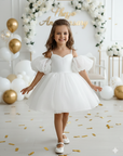Rochie alba eleganta pentru fete, din tulle cu glitter si maneci bufante - Eloise