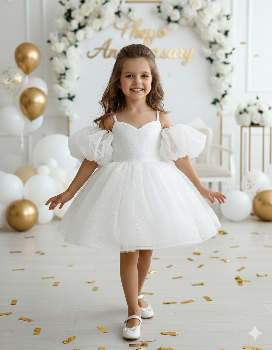 Rochie aurie eleganta pentru fete, din tulle cu glitter si maneci bufante - Eloise