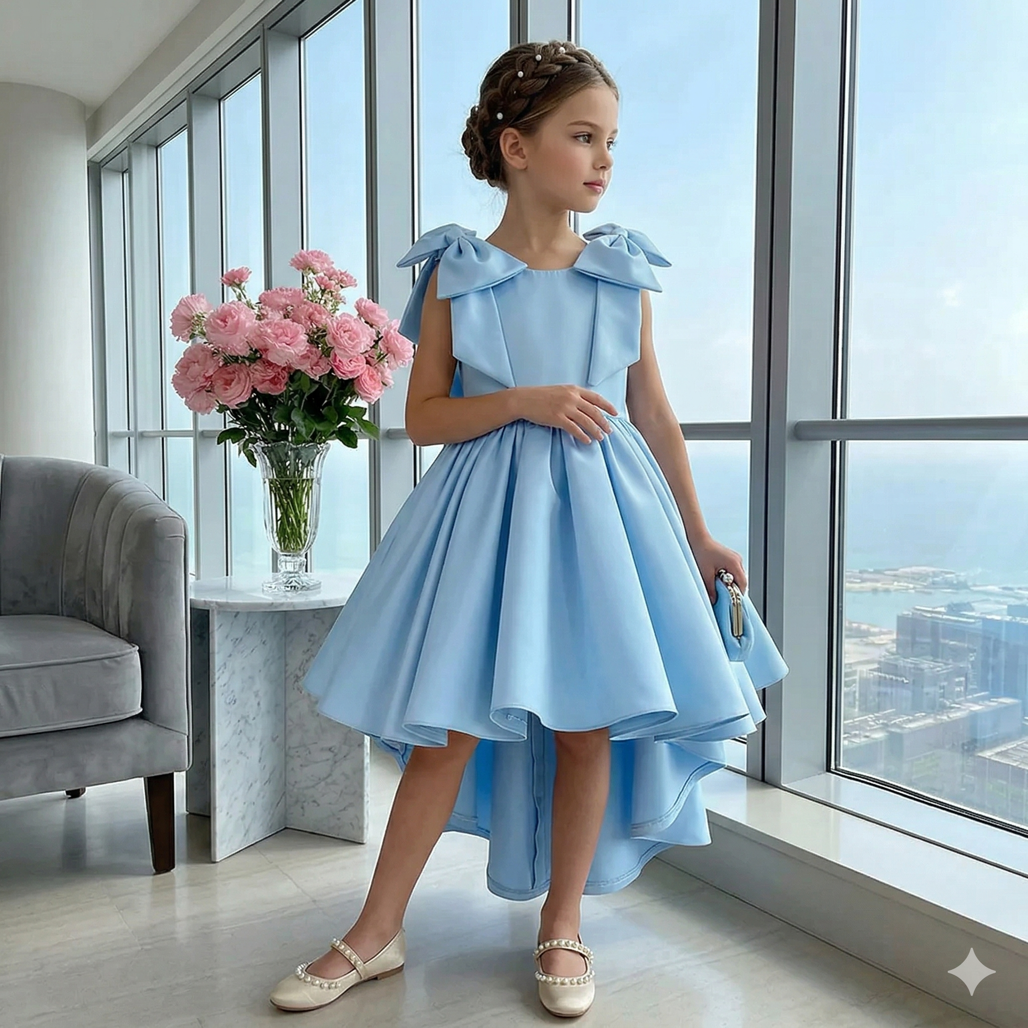 Rochie alba eleganta cu trena din tafta pentru fete - Fiona