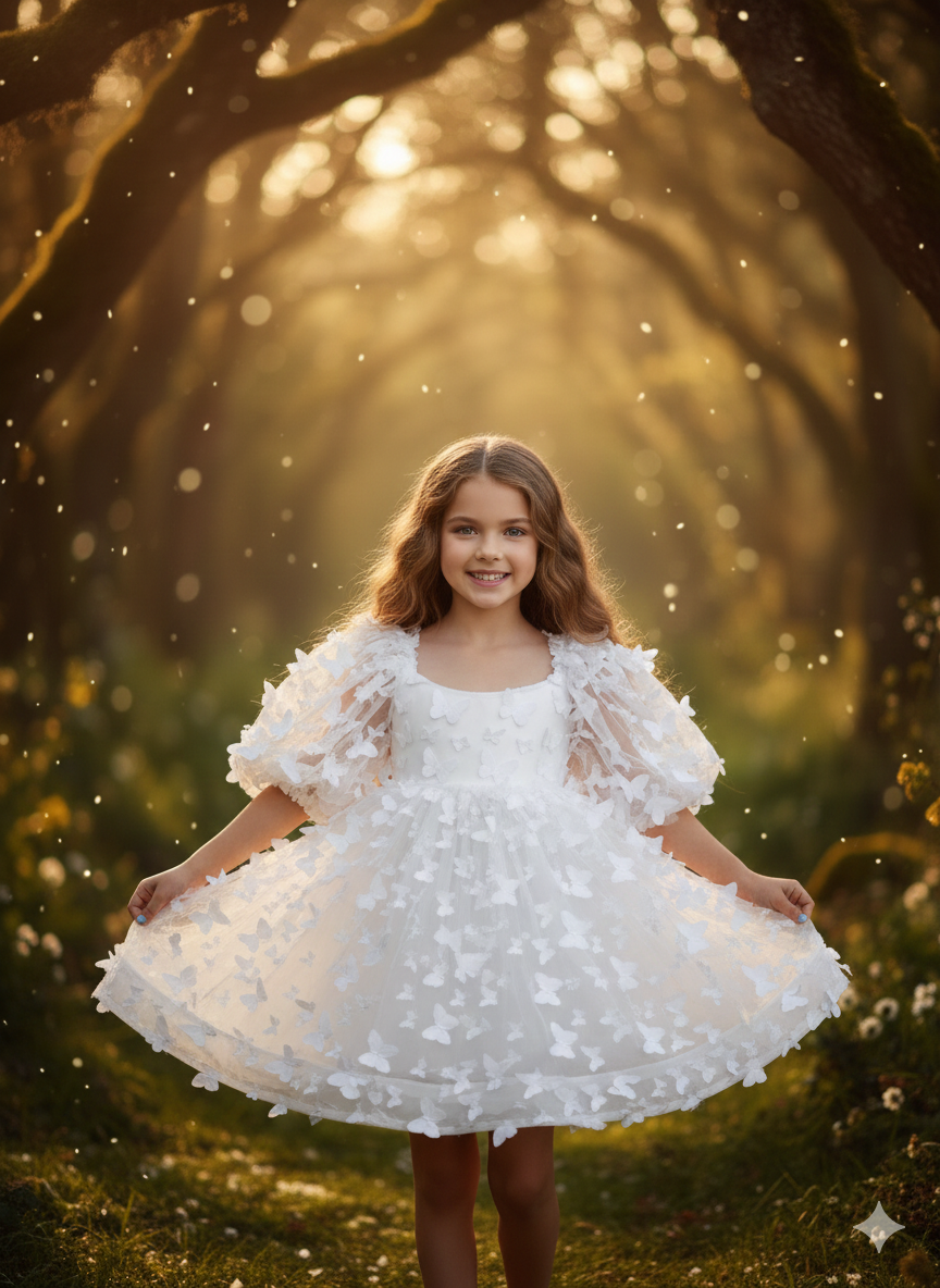 Rochie alba eleganta cu tull si fluturi pentru fete - Marta