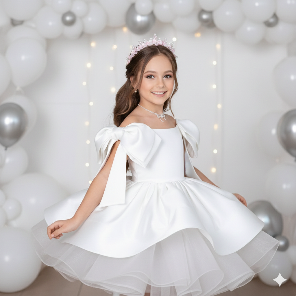 Rochie fuchsia eleganta cu fundite pe umeri din tafta pentru fete - Barbie