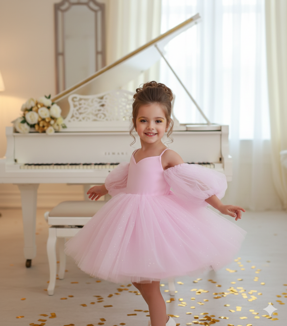 Rochie aurie eleganta pentru fete, din tulle cu glitter si maneci bufante - Eloise