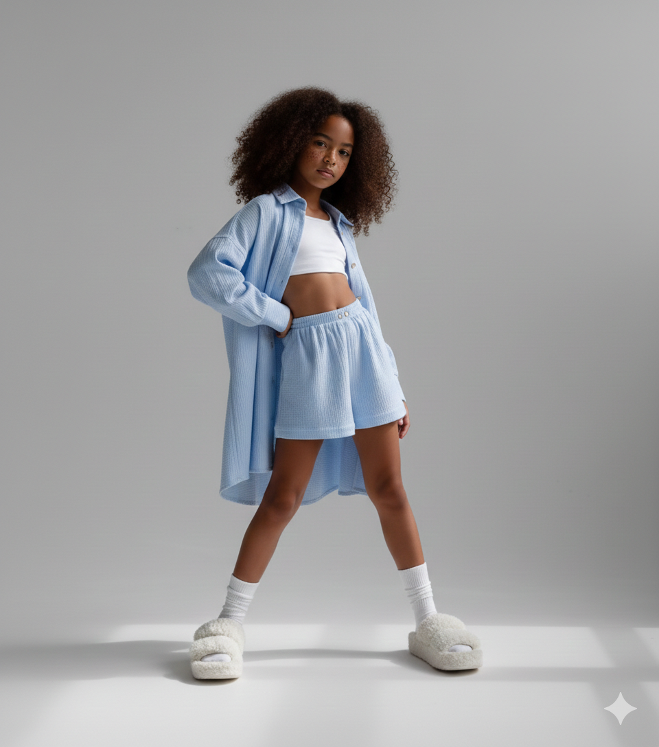 Compleu alb din muselina cu pantaloni scurti si camasa oversize pentru fete - Defne