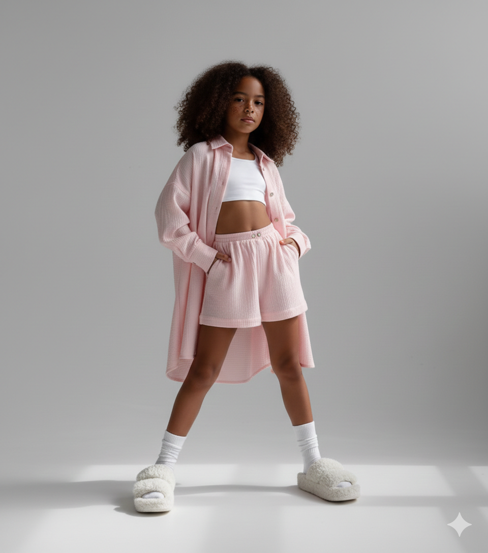 Compleu roz din muselina cu pantaloni scurti si camasa oversize pentru fete - Defne