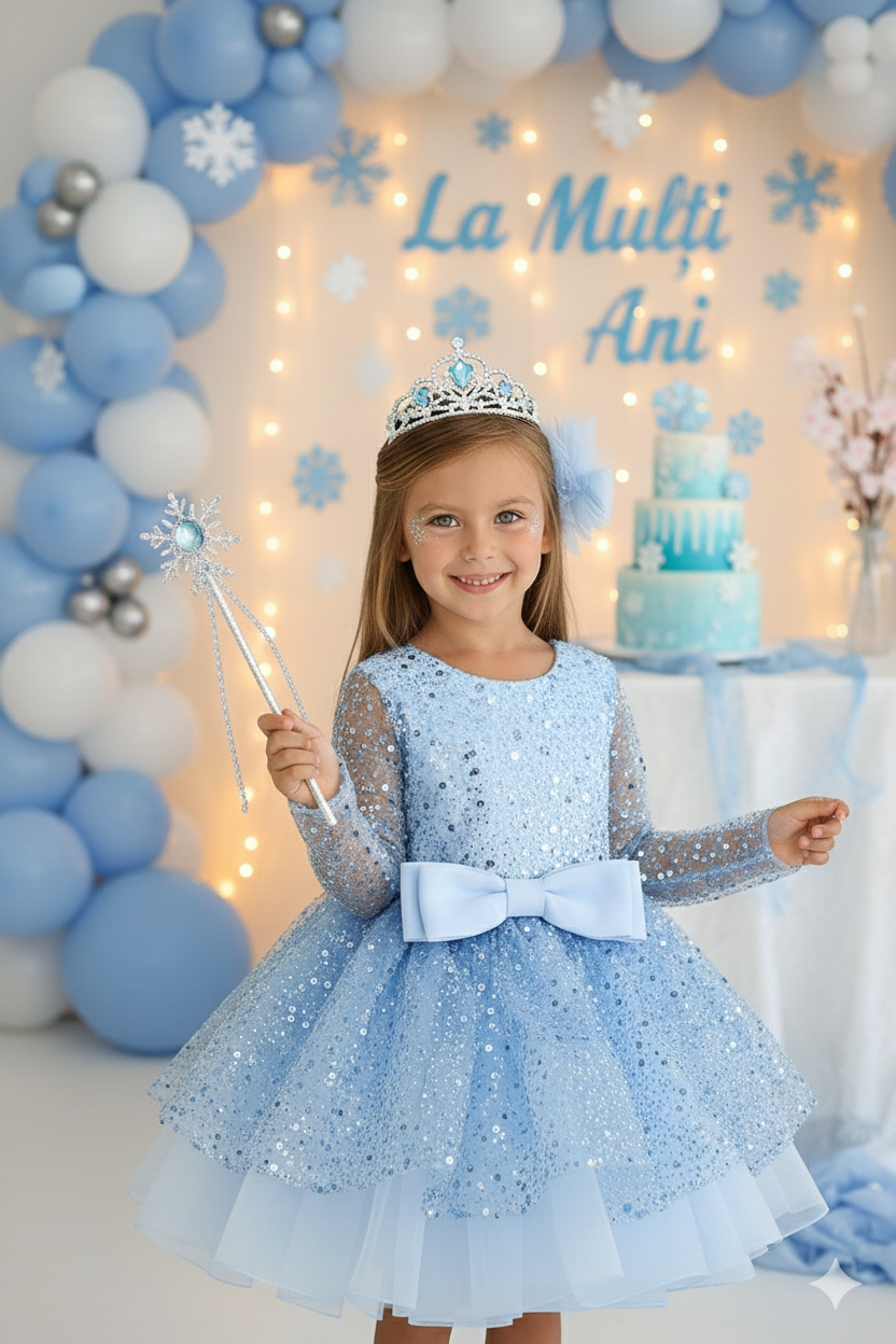 Rochie bleu eleganta pentru fete, din dantela brodata - Alis